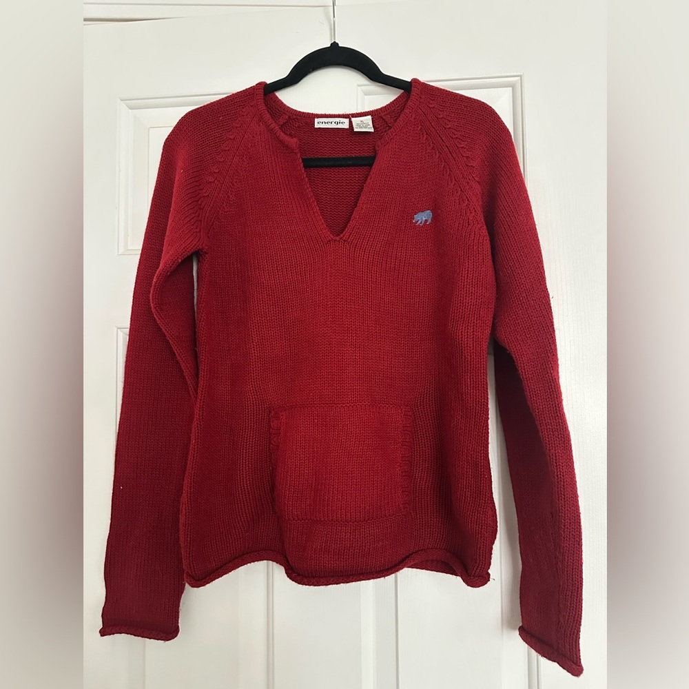 Energie Red V-Neck Knit Sweater with Pocket